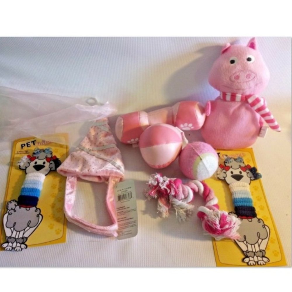 NWT Cute pink bundle of dog balls toys hair bows pig